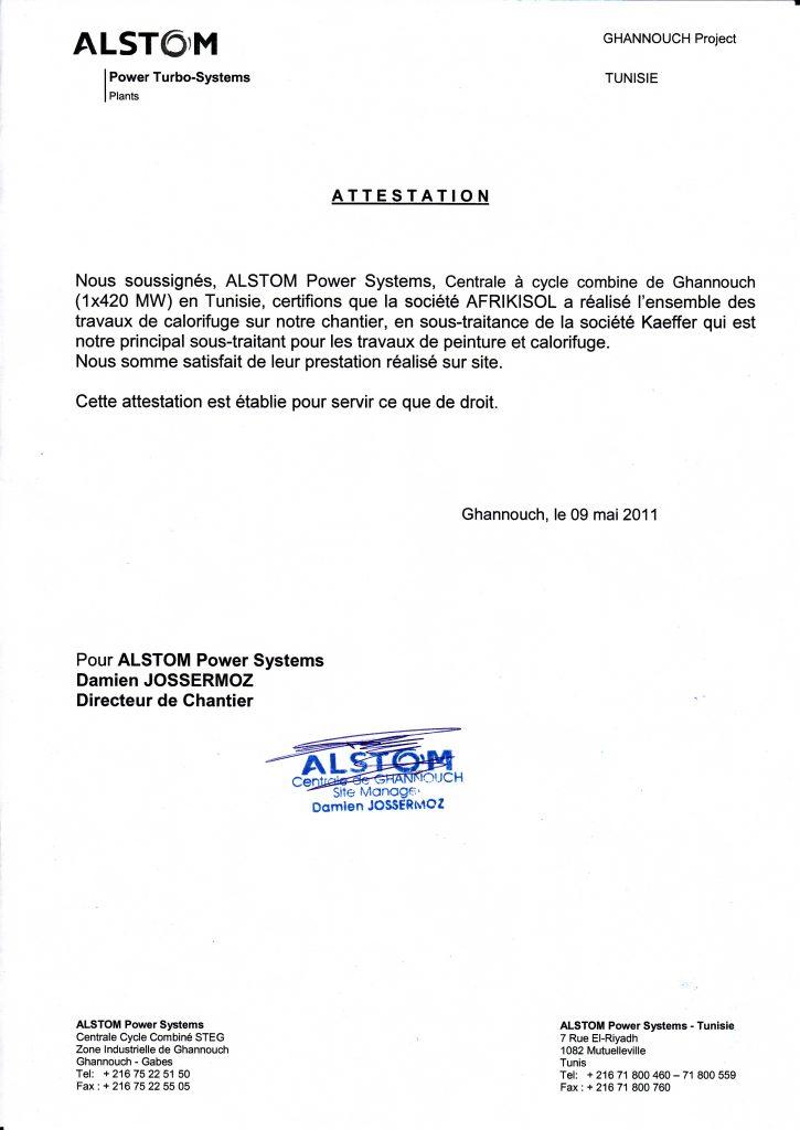 Lettre de satisfaction Alstom 2012
